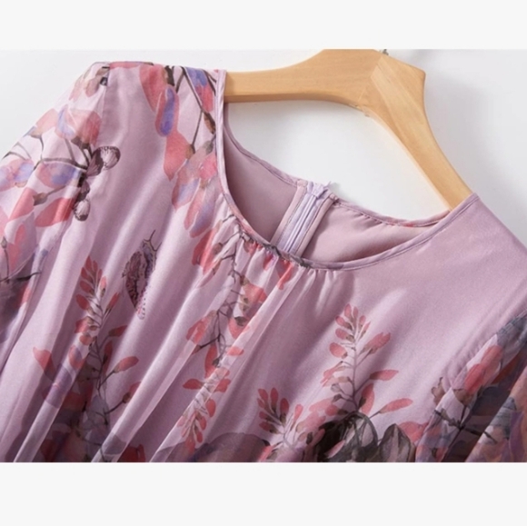 Feminine Fairycore Silk Floral and Butterfly Pastel Purple Whimsical Midi Dress - Picture 2 of 13